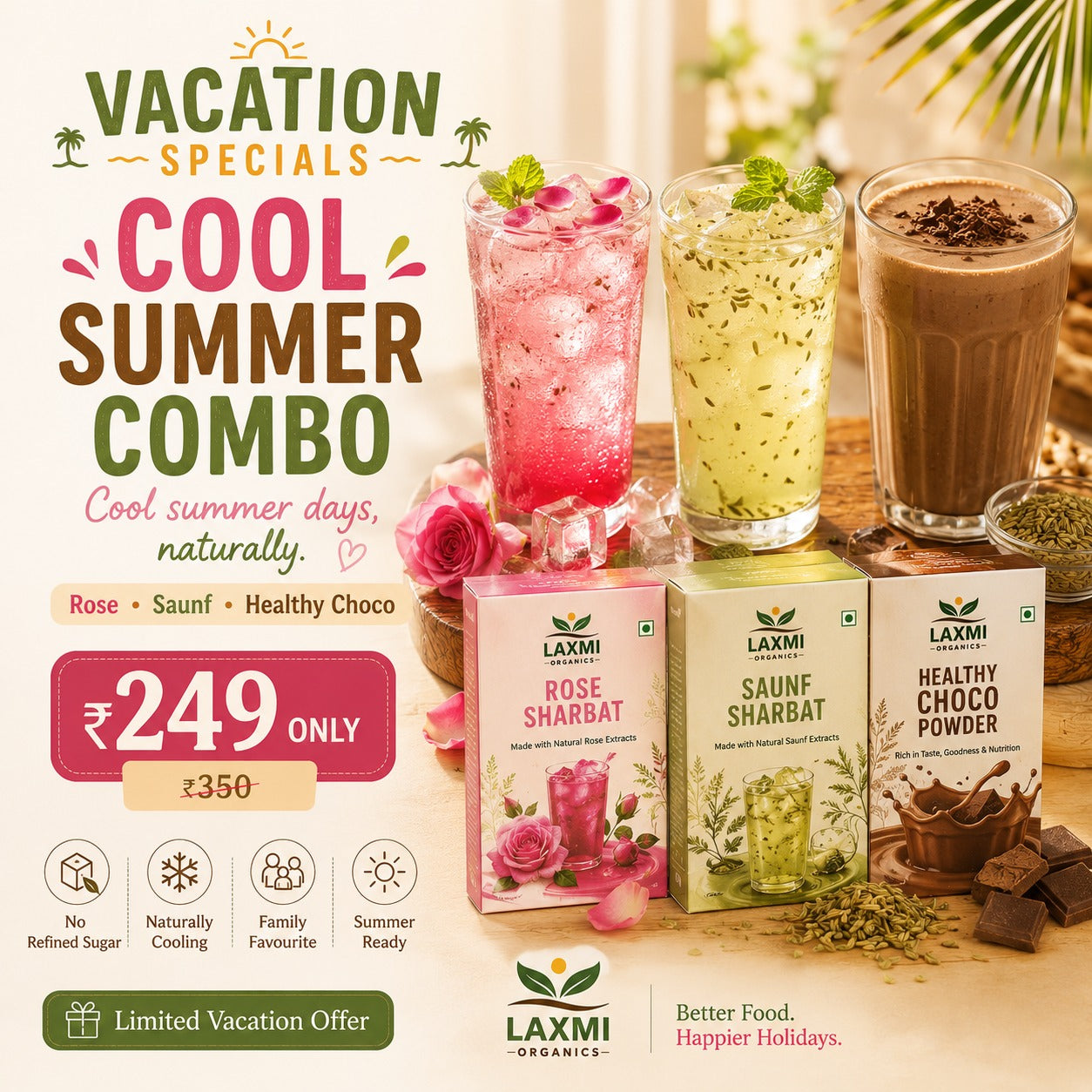Vacation Specials – Cool Summer Combo (Rose Sharbat + Saunf Sharbat + Healthy Choco Powder)