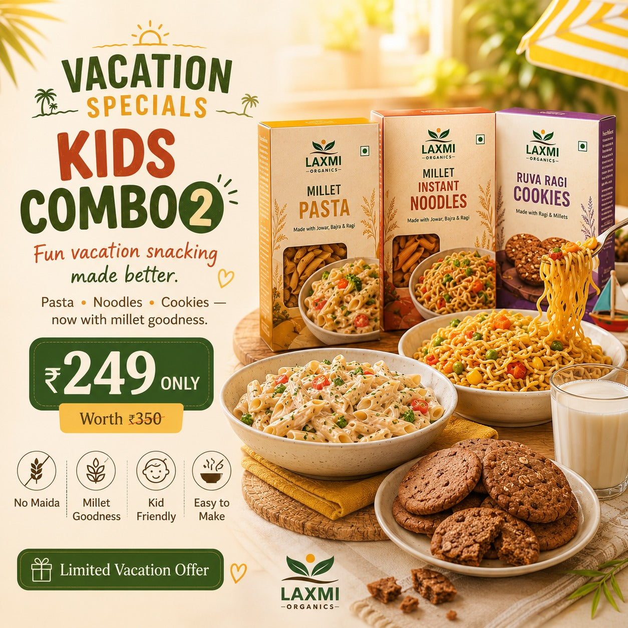 Vacation Specials – Kids Combo 2 (Millet Pasta + Noodles + Ruva Ragi Cookies)