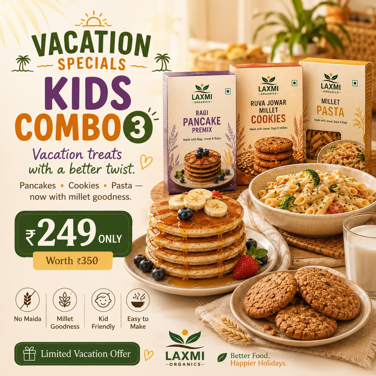 Vacation Specials – Kids Combo 3 (Ragi Pancake Premix + Jowar Millet Cookies + Millet Pasta)