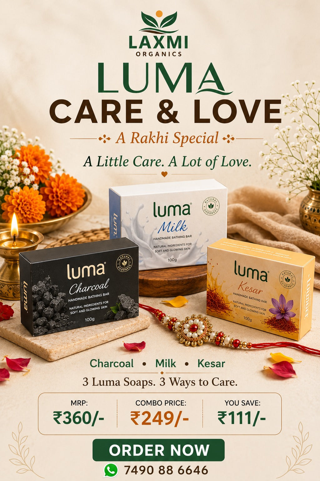 Luma Care & Love Rakhi Special Combo featuring Charcoal, Milk and Kesar handmade bathing bars by Laxmi Organics