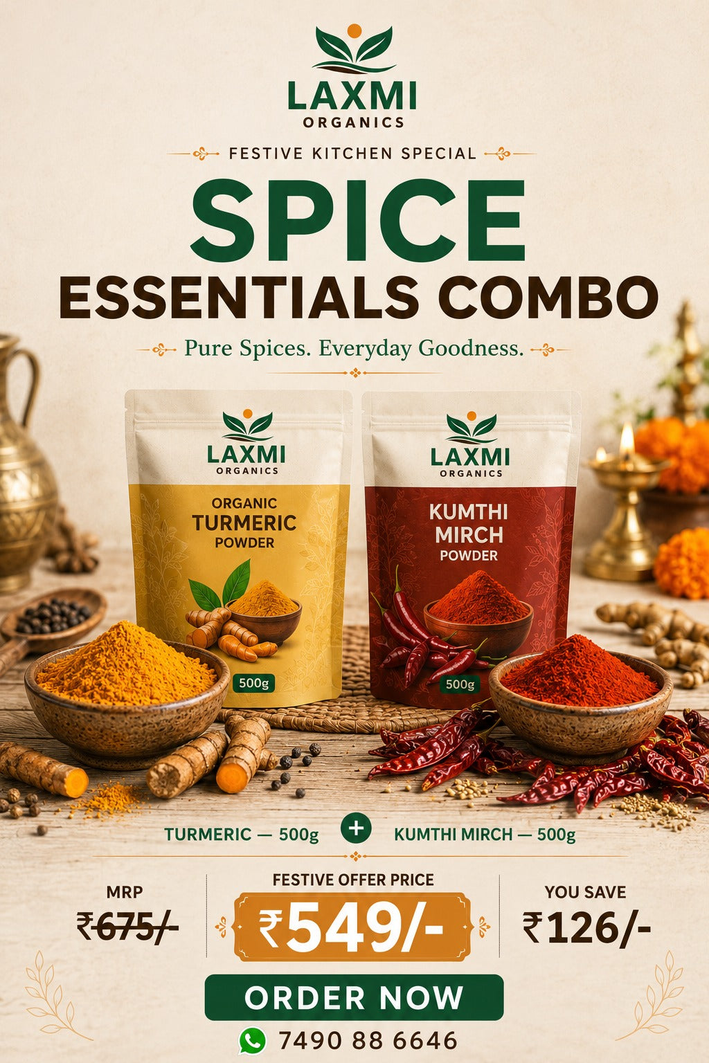 Spice Essentials Combo – Laxmi Organics Organic Turmeric Powder and Kumthi Mirch Powder 500g each, Festive Kitchen Special