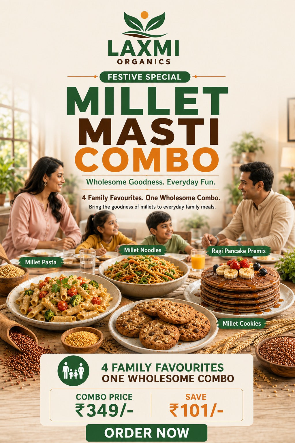 Millet Masti Combo – Festive Special by Laxmi Organics featuring Millet Pasta, Noodles, Ragi Pancake Premix and Millet Cookies